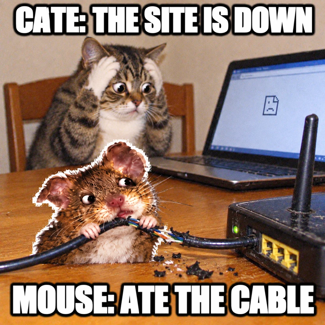 Mouse chewing a network cable while a cat reacts to a broken computer
