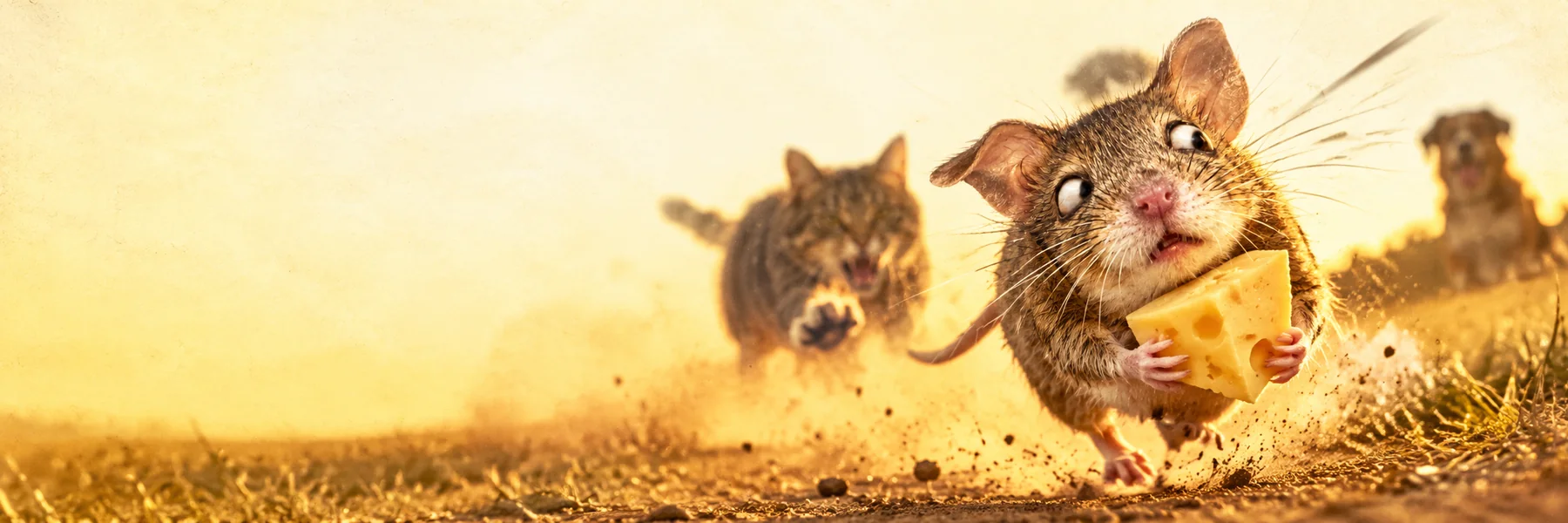 Our scruffy mouse running away with a wedge of cheese while a cat gives chase
